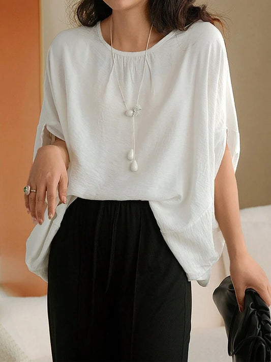 CM-TS906089 Women Trendy Bohemian Style Solid Color Batwing Sleeve Blouse - Beige