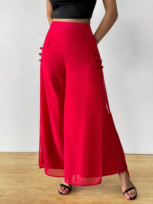 CM-BS947715 Women Casual Seoul Style Elastic Waist Flowy Chiffon Split Wide Leg Pants - Red