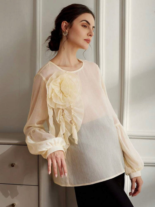 CM-TS856000 Women Elegant Seoul Style Sheer Textured 3D Floral Oversized Women Blouse - Yellow