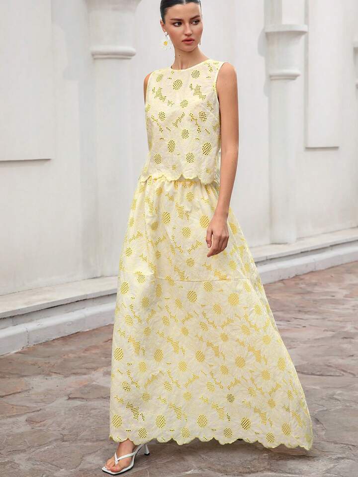 CM-SS292072 Women Trendy Bohemian Style Floral Embroidered Hollow Out Round Neck Sleeveless Top With Skirt - Set
