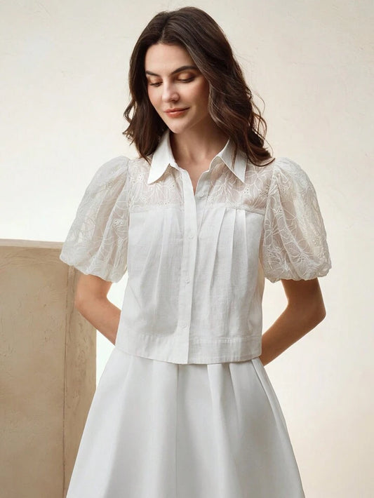 CM-TS548821 Women Casual Seoul Style Lace Patchwork Collar Neckline Puff Sleeve Blouse - White