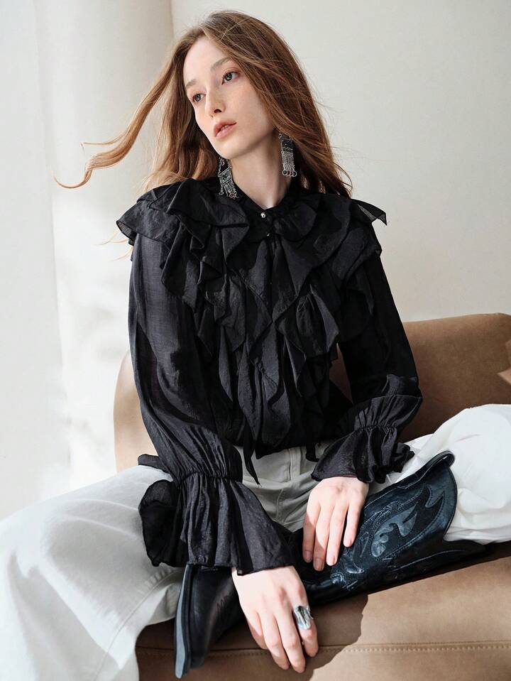 CM-TS054615 Women Elegant Seoul Style Multi-Layer Ruffle Trim Chiffon Flowy Asymmetrical Flounce Sleeve Blouse - Black