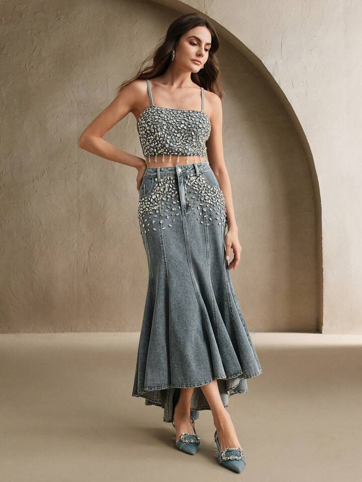 CM-BS801184 Women Elegant Seoul Style Light Wash Rhinestone Embellished Mermaid Denim Skirt