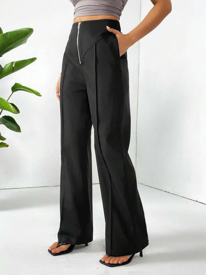 CM-BS795955 Women Casual Seoul Style Zipper Closure Straight-Leg Pants - Black