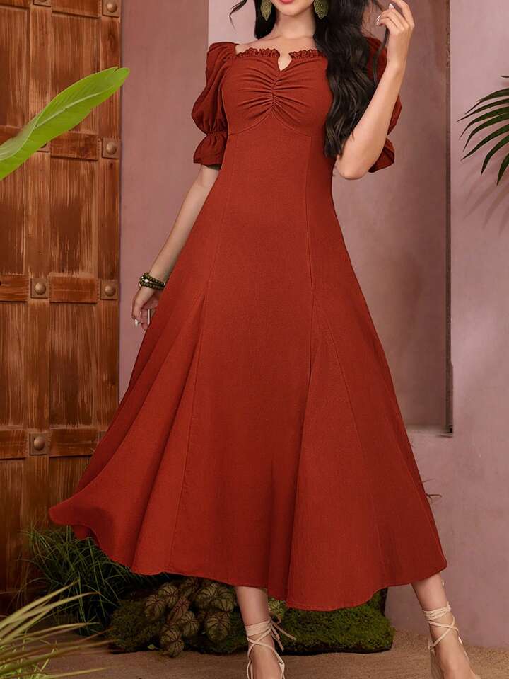 CM-DS822167 Women Casual Seoul Style Solid Color Pleated Square Neck Dress - Redwood