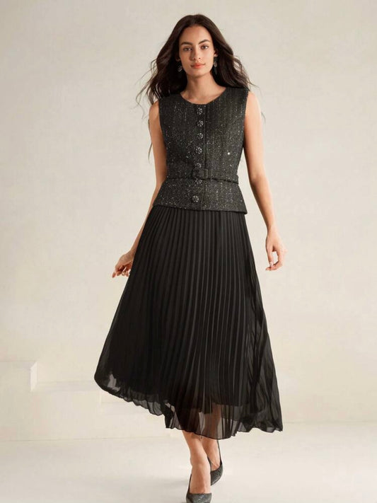 CM-DS544443 Women Elegant Seoul Style Contrast Chiffon Pleated Sleeveless Long Dress - Black