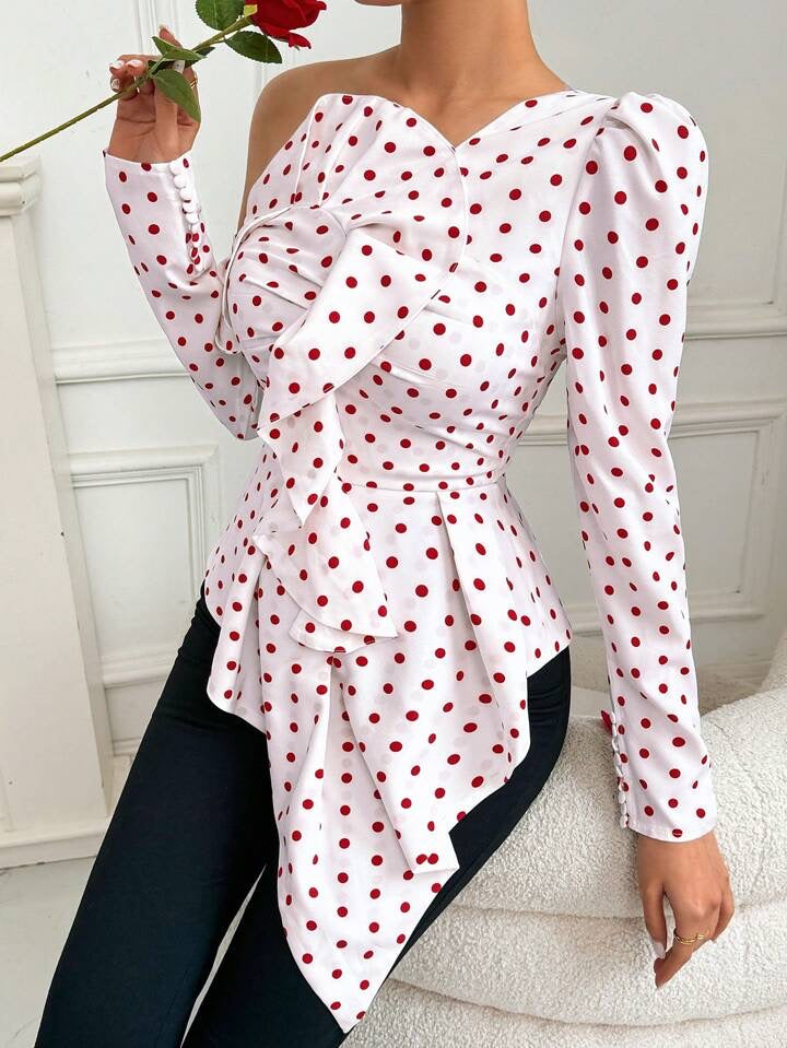 CM-TS146756 Women Casual Seoul Style Irregular Ruffled Off-Shoulder Ruffled Blouse