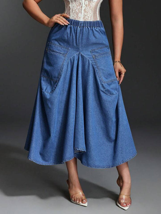 CM-BS176108 Women Casual Seoul Style Elastic Waist Long Loose Denim A-Line Denime Skirt - Blue