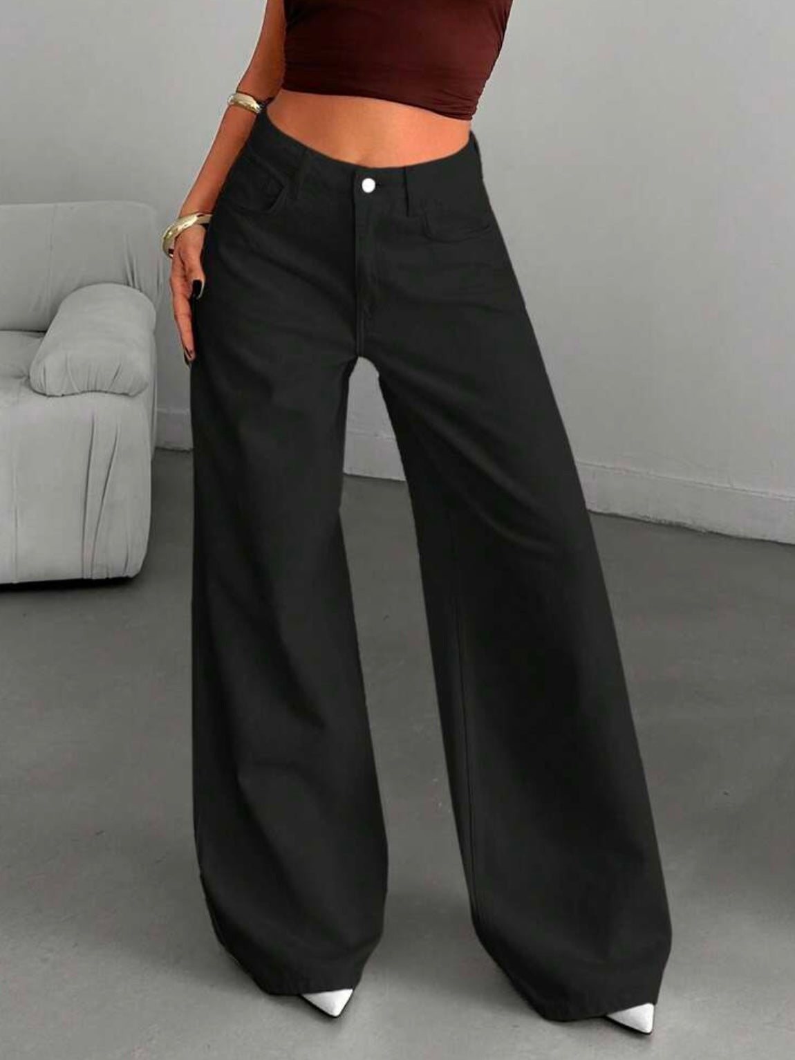 CM-BS269893 Women Casual Seoul Style High-Waisted Wide-Leg Denim Jeans - Black