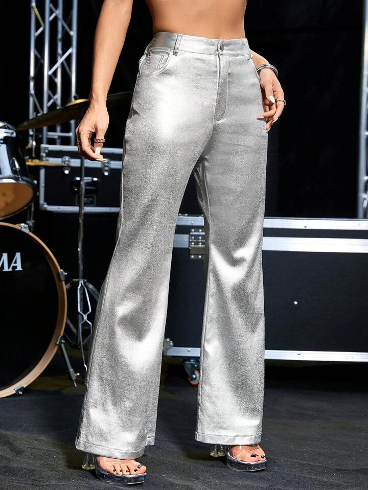 CM-BS800805 Women Elegant Seoul Style Metallic Sense Slant Pocket Bell Bottom Pants - Silver