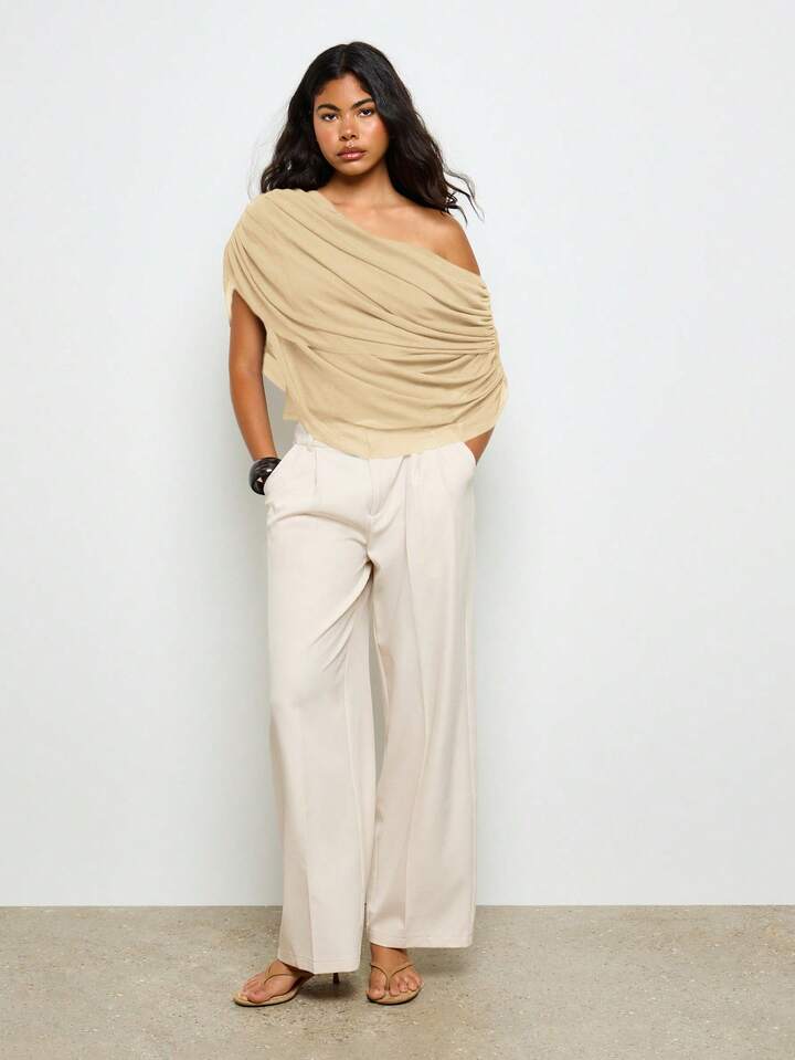 CM-TS355003 Women Elegant Seoul Style Off Shoulder Ruched Draped Long Sleeve Blouse - Cream