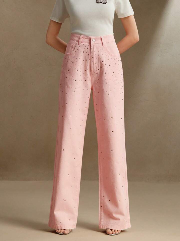 CM-BS806583 Women Casual Seoul Style Mid Waist Rhinestoned Decor Straight Leg Jeans - Pink
