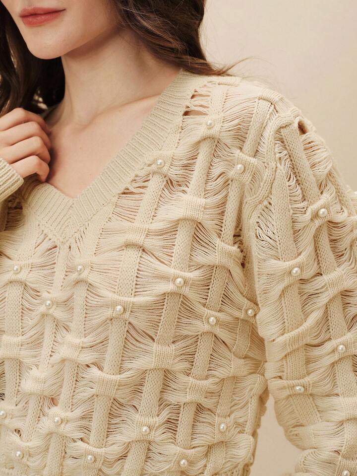 CM-CS012624 Women Elegant Seoul Style Faux Pearl Decor Hollow V-Neck Loose Long Sleeve Sweater - Apricot