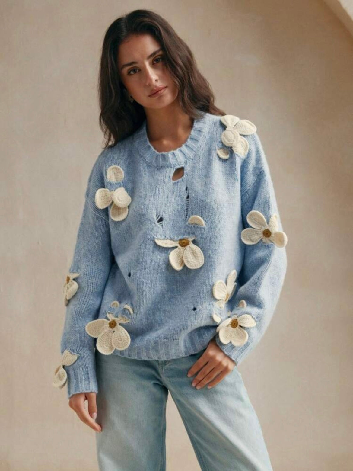 CM-CS411147 Women Casual Seoul Style Round Neck Crochet 3D Floral Long Sleeve Knitted Sweater