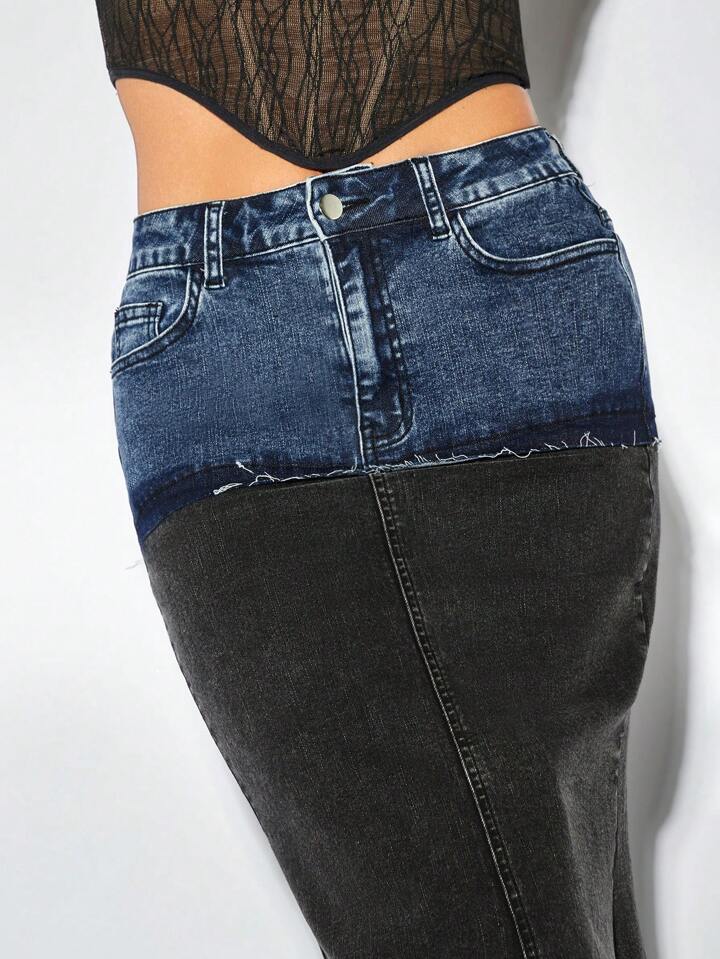 CM-BS828370 Women Casual Seoul Style Bullet-Stitched Contrasting Tight Denim Skirt - Black