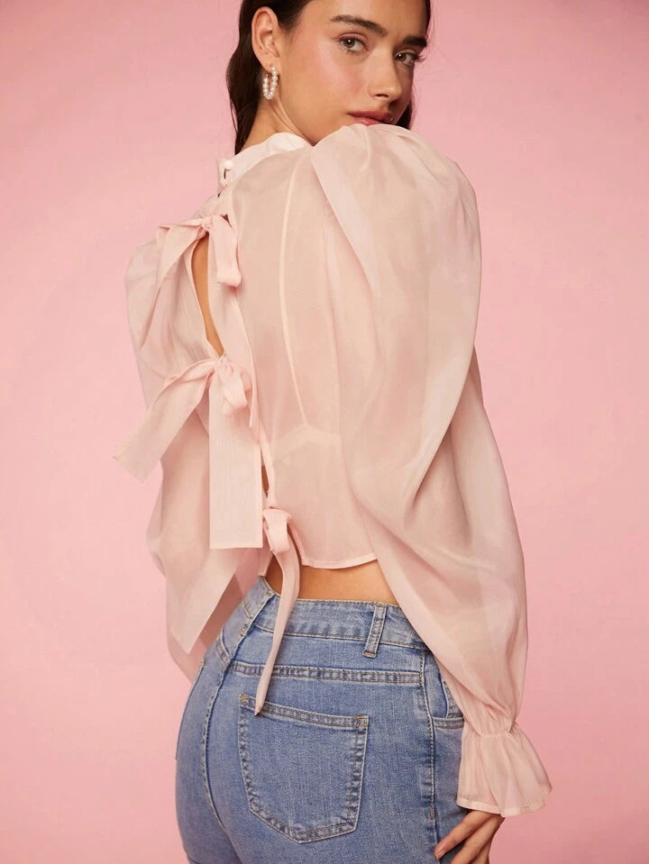 CM-TS444578 Women Casual Seoul Style Woven Back Bow Tie Puff Sleeve Shirt - Dusty Pink