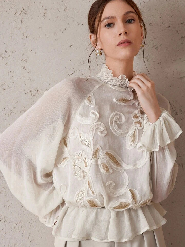 CM-TS233759 Women Trendy Bohemian Style Stand Collar Raglan Sleeve Sequin Decor Loose Fit Blouse - White