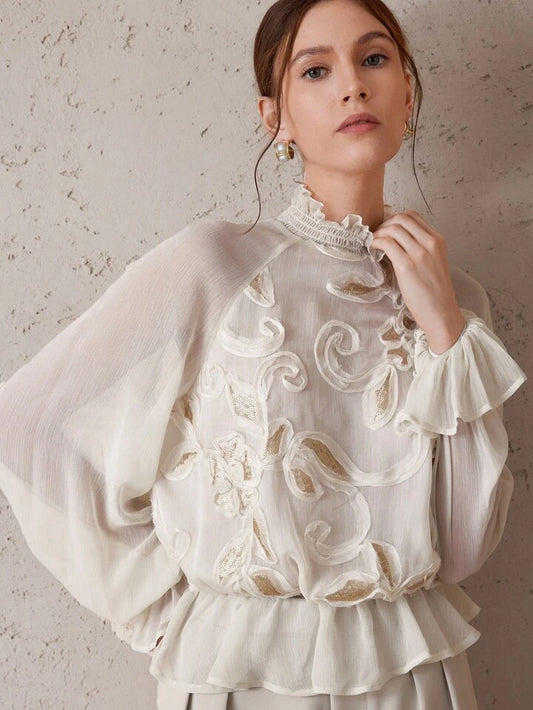 CM-TS233759 Women Trendy Bohemian Style Stand Collar Raglan Sleeve Sequin Decor Loose Fit Blouse - White