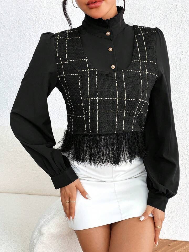 CM-TS967572 Women Elegant Seoul Style Plaid Pattern Fringe Hem Button 2 In 1 Blouse - Black