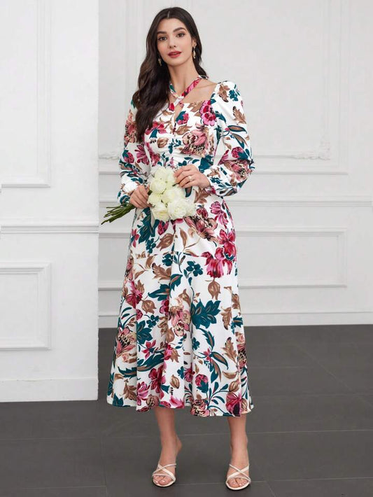CM-DS944725 Women Casual Seoul Style Printed Halter Neck Long Sleeve Dress