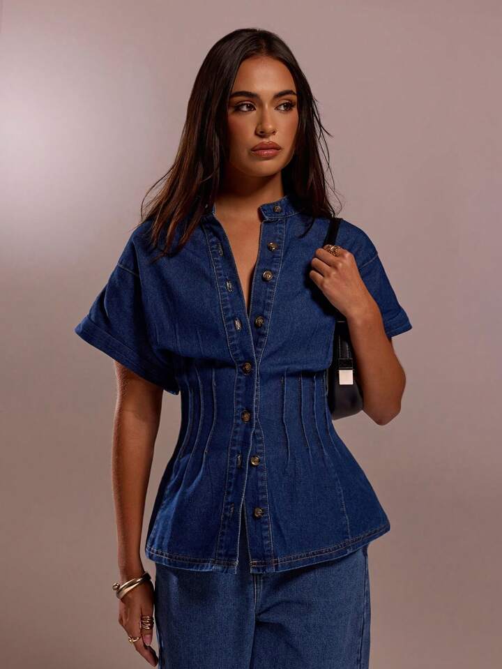 CM-TS897693 Women Casual Seoul Style Collar Neckline Short Sleeve Single-Breasted Loose Denim Top - Blue