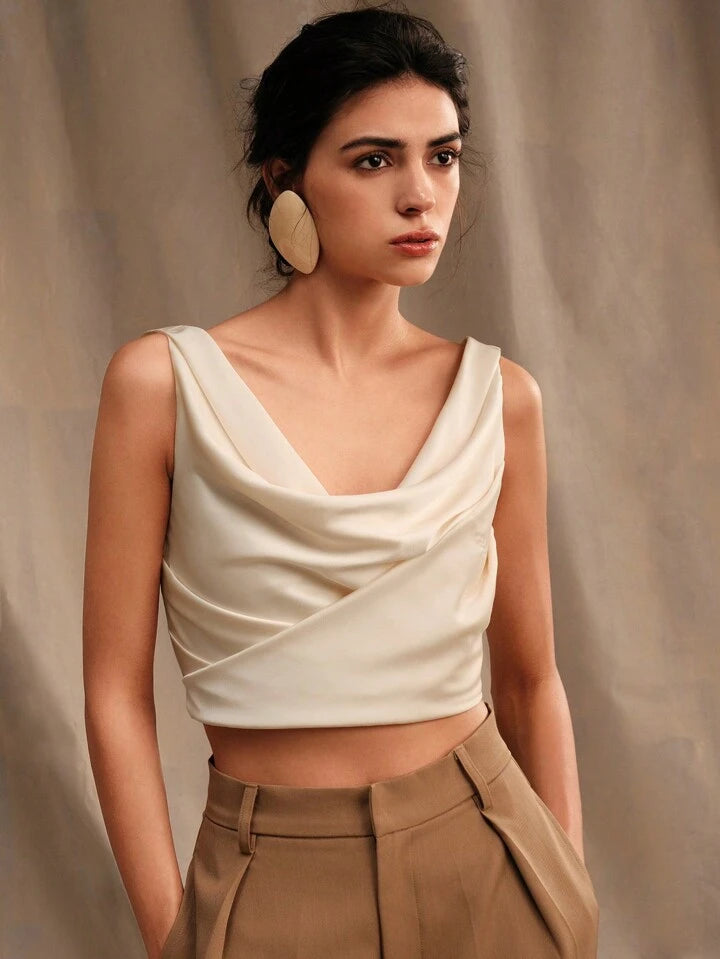 CM-TS599049 Women Casual Seoul Style Solid Color Drop Neck Sleeveless Shirt - Beige