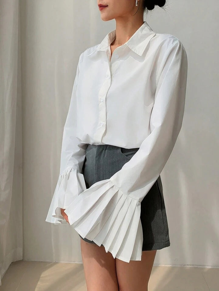 CM-TS094349 Women Casual Seoul Style Collar Neckline Asymmetrical Ruffled Cuffs Shirt - White