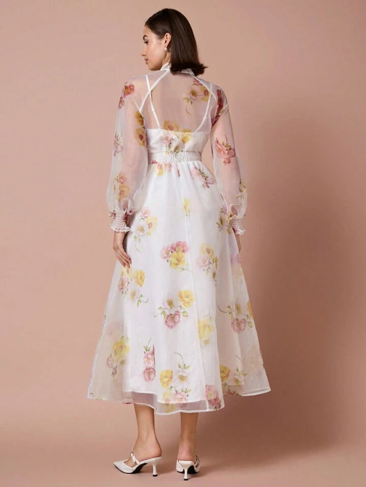 CM-DS711597 Women Elegant Seoul Style Collar Neckline Long Sleeve Floral Print Mesh Overlay Dress