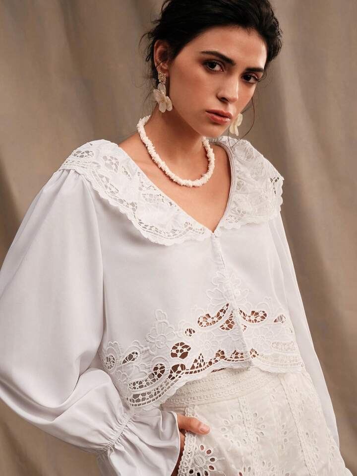 CM-TS637517 Women Trendy Bohemian Style Symmetrical Lace Detail Open-Front Shirt - White