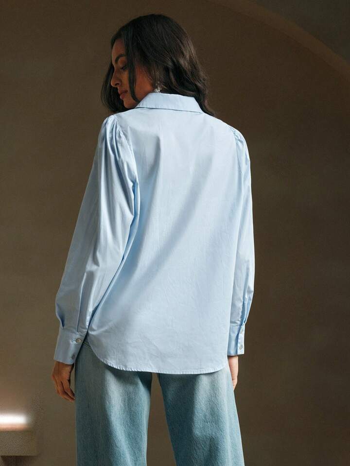CM-TS831982 Women Elegant Seoul Style Long Sleeve Rhinestone Button Blouse - Blue