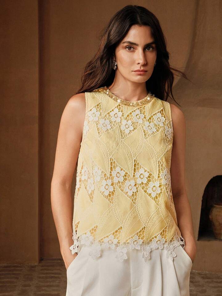 CM-TS157263 Women Elegant Seoul Style Rhinestone Collar Lace Embroidered Floral Sleeveless Blouse - Yellow