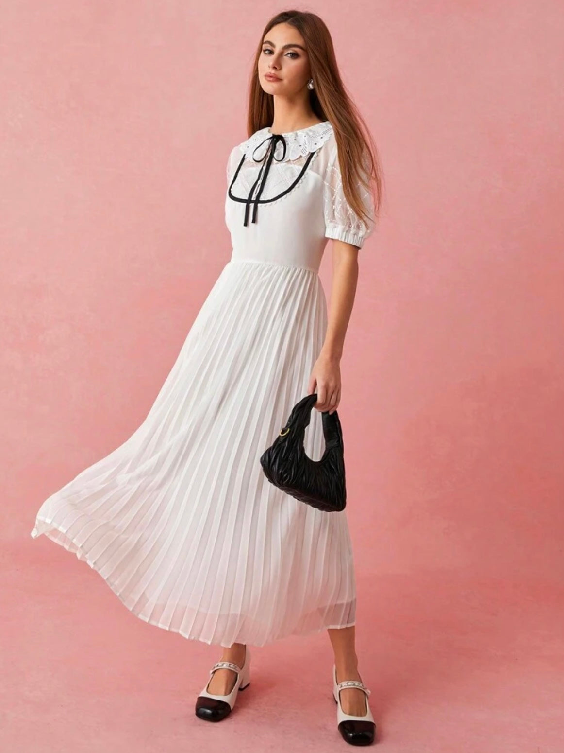 CM-DS192679 Women Elegant Seoul Style Tie Neck Bowknot Floral Lace Puff Sleeves Pleated Hem Long Dress - White