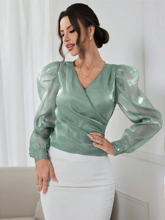 CM-TS542789 Women Elegant Seoul Style Solid Color V-Neck Puff Sleeve Wrap-Around Shirt - Green