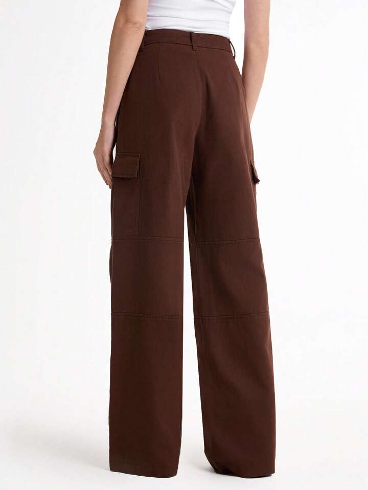 CM-BS659057 Women Casual Seoul Style High Waist Loose Wide-Leg Cargo Jeans - Coffee Brown