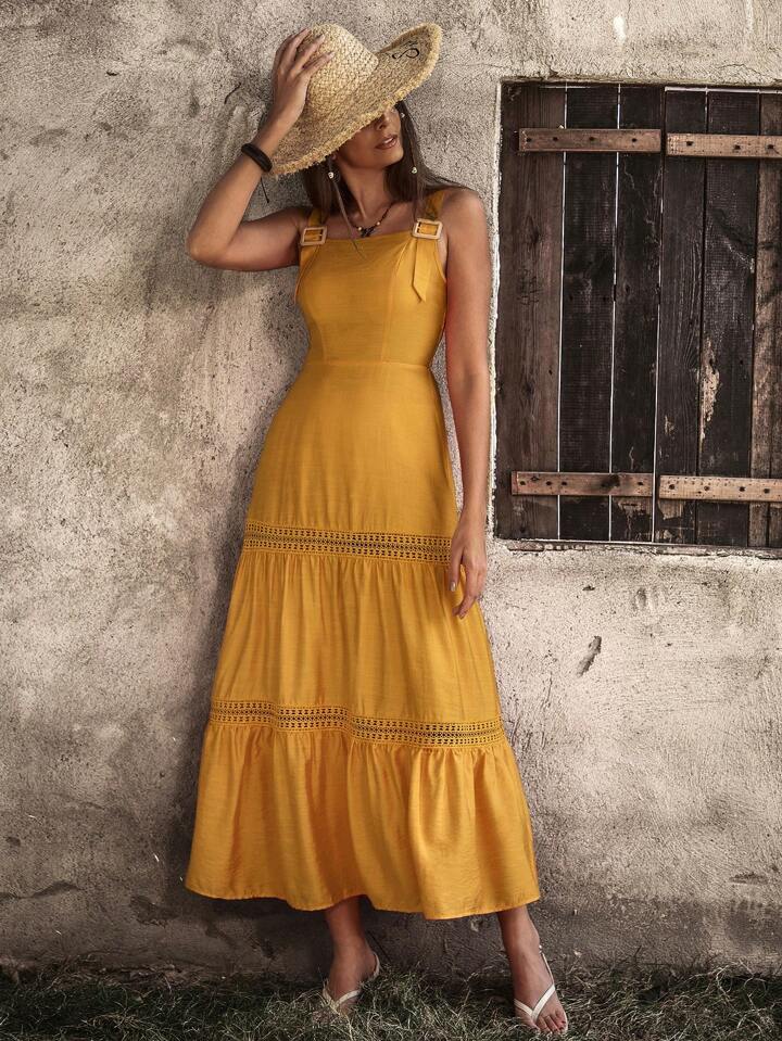 CM-DS450512 Women Trendy Bohemian Style Monochrome Lace Patchwork Suspender Dress - Mustard Yellow