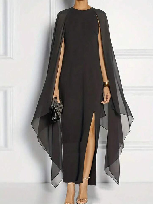CM-DS197207 Women Elegant Seoul Style Round Neck Sleeveless Cape Split Maxi Dress - Black