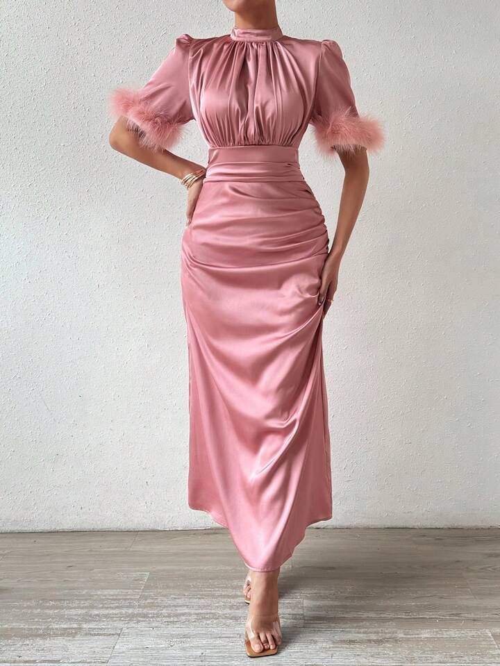 CM-DS324100 Women Elegant Seoul Style Stand Collar Satin Short Sleeve Feathers Sheath Dress