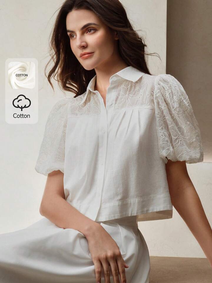 CM-TS548821 Women Casual Seoul Style Lace Patchwork Collar Neckline Puff Sleeve Blouse - White
