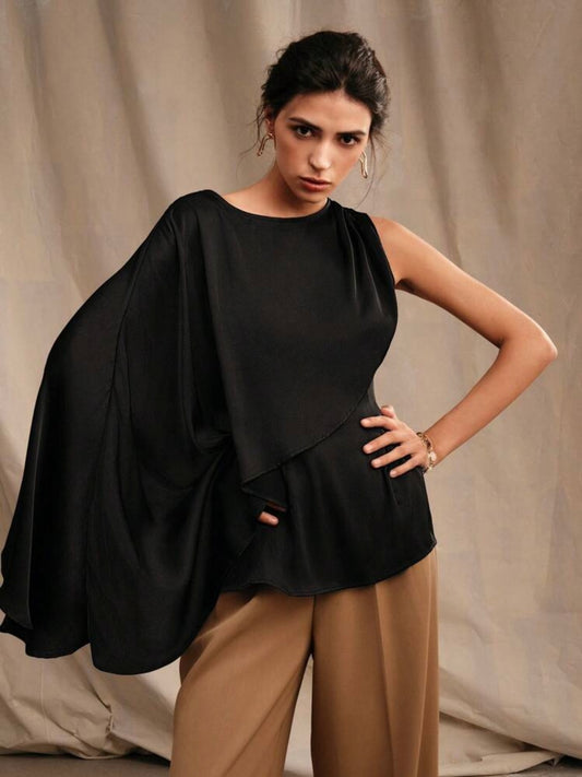 CM-TS321600 Women Elegant Seoul Style Round Neck Solid Color One-Shoulder Shirt - Black