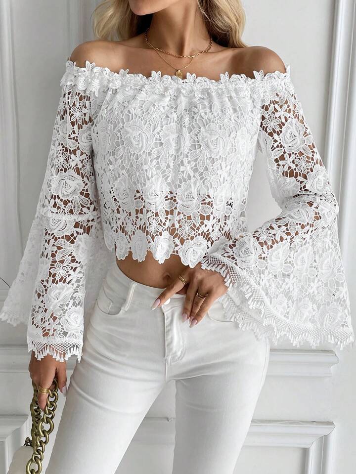 CM-TS501788 Women Elegant Seoul Style Solid Color Lace Off-Shoulder Flare Sleeve Cropped Blouse