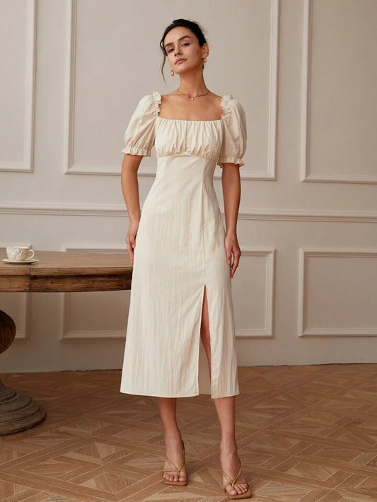 CM-DS171771 Women Casual Seoul Style Square Neckline Short Sleeve Side Slit Pleated Dress - Apricot
