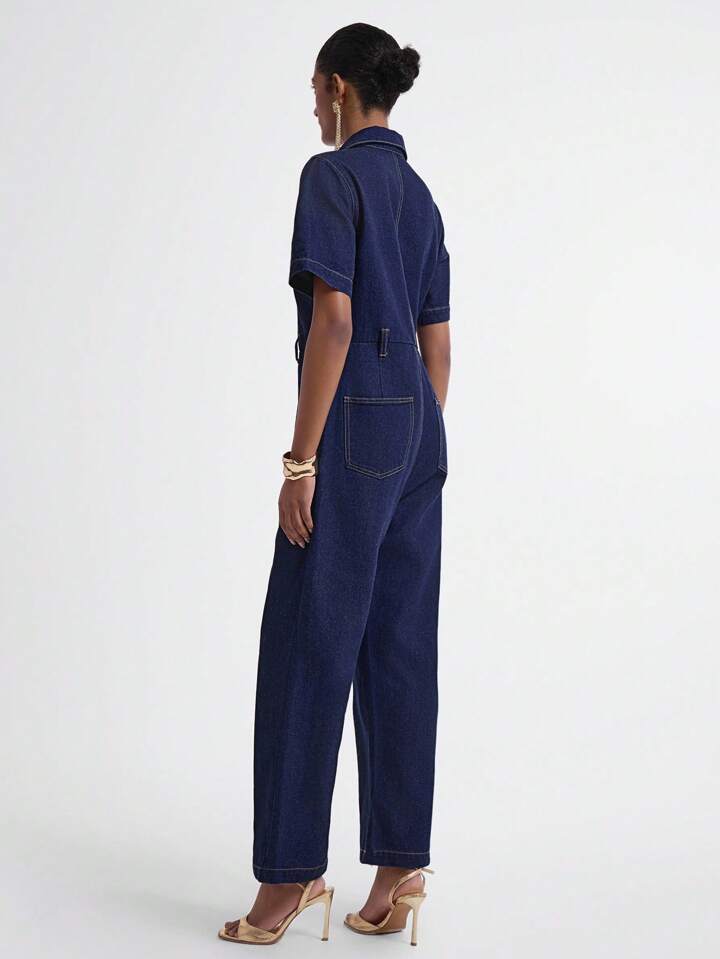 CM-JS957764 Women Casual Seoul Style Dark Wash Collar Neckline Short Sleeve Loose Denim Jumpsuit