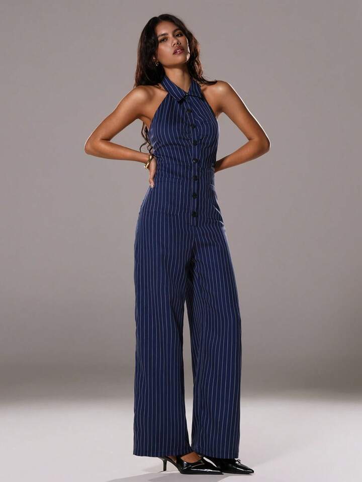 CM-JS133398 Women Elegant Seoul Style Halter Striped Sleeveless Shirt Collar Jumpsuit - Navy Blue