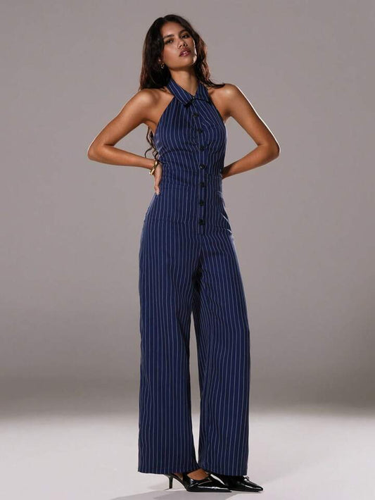 CM-JS133398 Women Elegant Seoul Style Halter Striped Sleeveless Shirt Collar Jumpsuit - Navy Blue