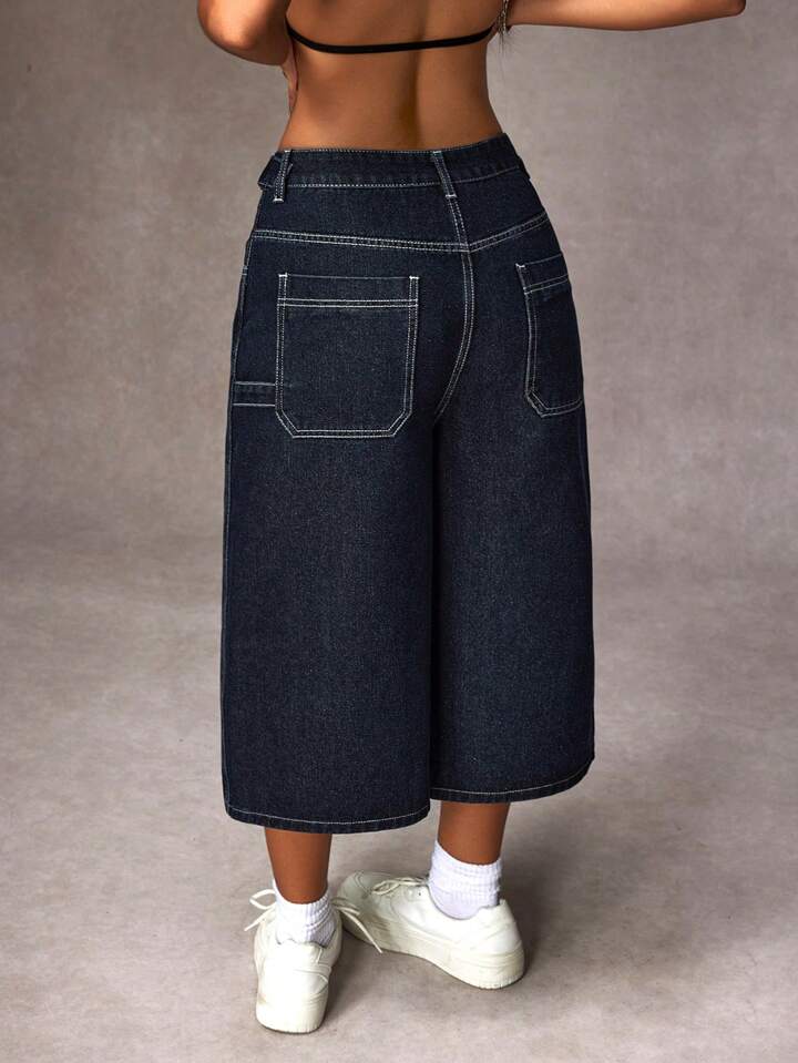 CM-BS097273 Women Casual Seoul Style Pocketed Wide Leg Loose Capri Denim Jeans - Blue