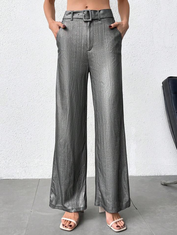 CM-BS973333 Women Casual Seoul Style High Wiaist Metallic Straight Leg Pants - Gray