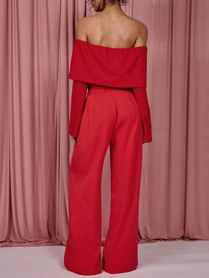 CM-BS170218 Women Elegant Seoul Style High Waist Pleated Long Straight Leg Pants - Red