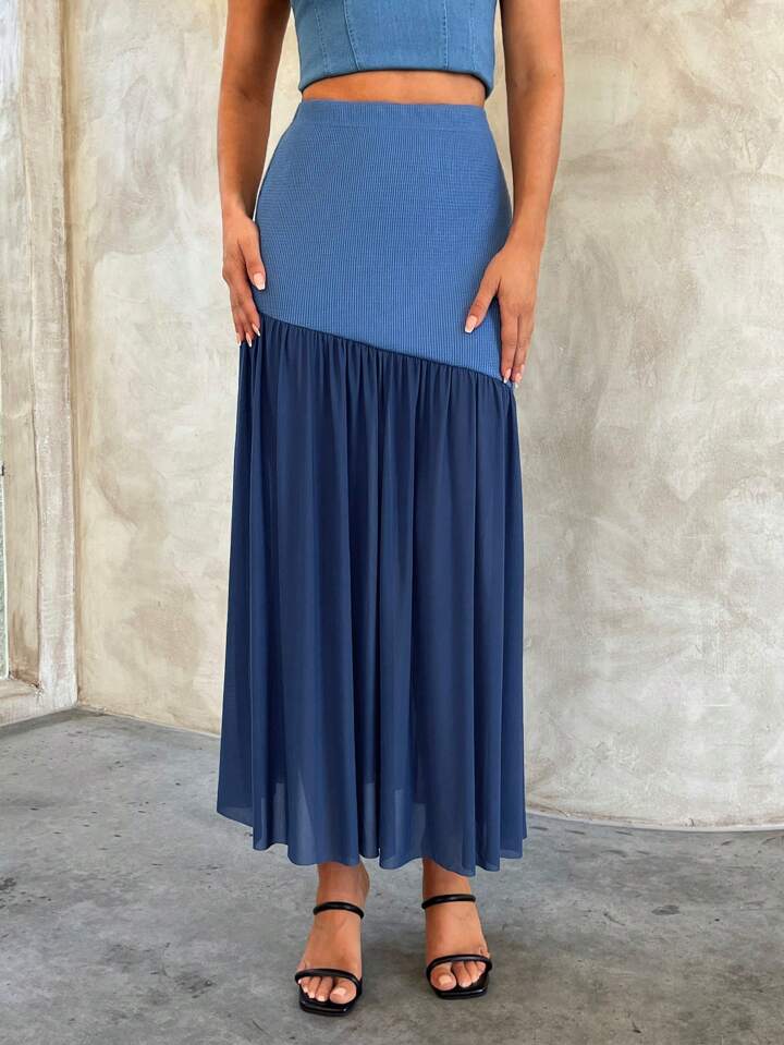 CM-BS333854 Women Casual Seoul Style Mesh Knitted Color Blocking Long Skirt - Blue