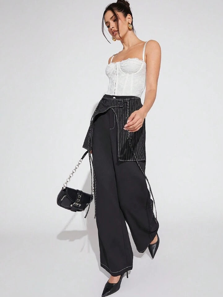 CM-BS520244 Women Casual Seoul Style Pinstripe Overlay Wide Leg Pants - Black