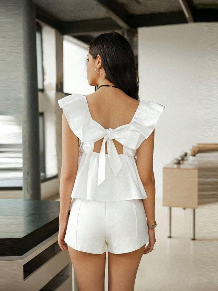 CM-TS205695 Women Casual Seoul Style Ruffle Trim Sleeveless Pleated A-Line Blouse - White